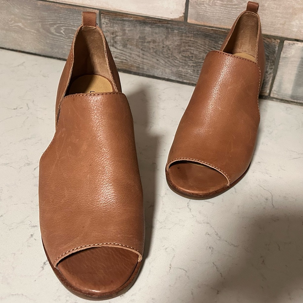 EUC 🍀 Lucky Brand Junai Leather Open Peep Toe Ankle Bootie Heeled Sandals - Picture 5 of 16